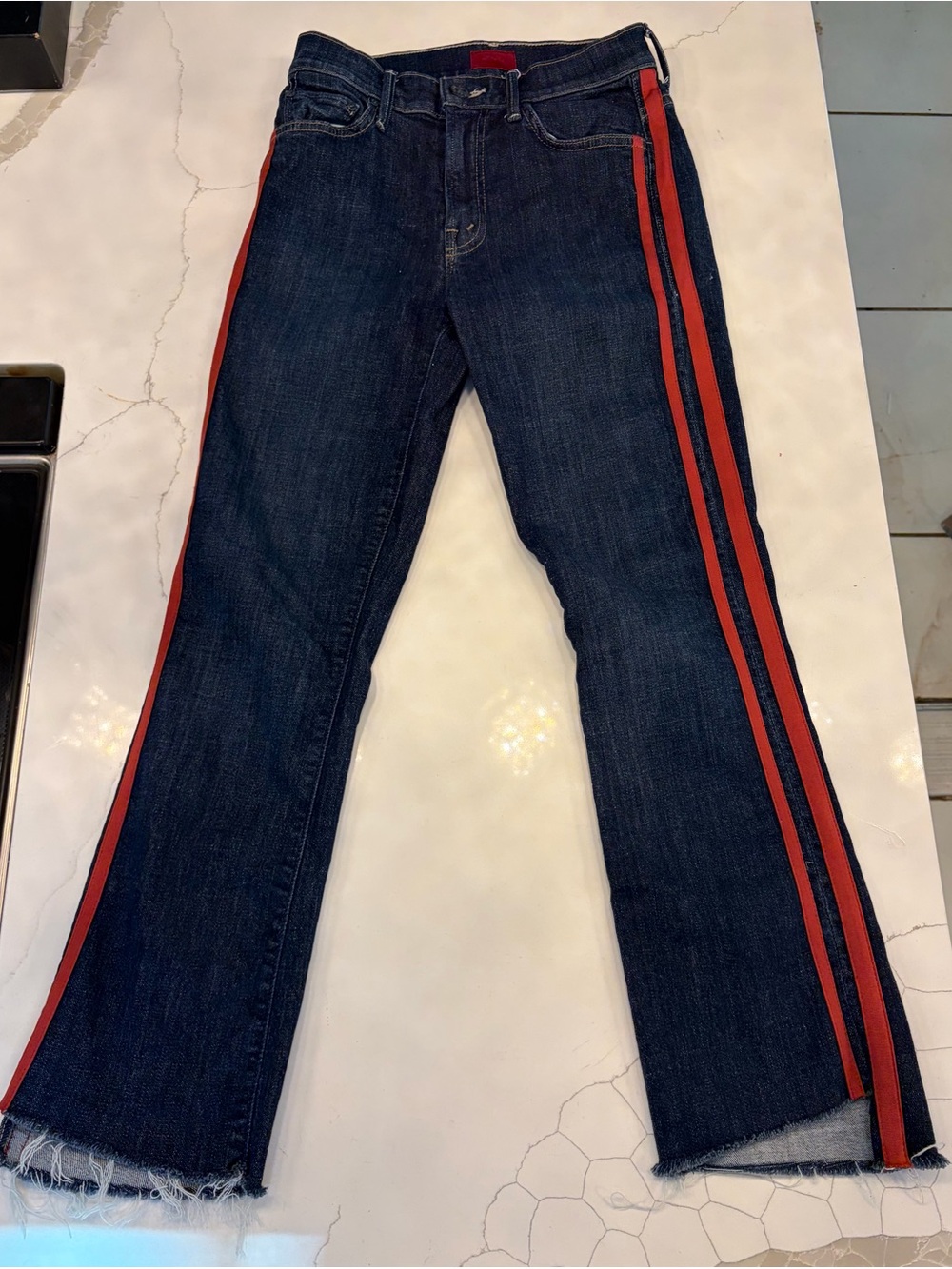 MOTHER Dark Blue Flare Jeans with Red Side Stripes